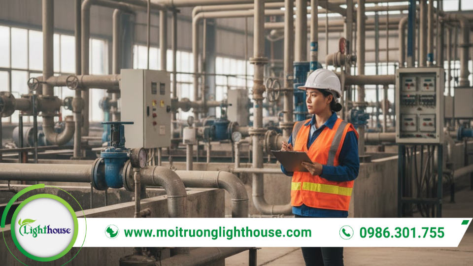 Toàn cảnh hệ thống xử lý nước thải công nghiệp tại nhà máy, gồm bể xử lý, đường ống và tủ điều khiển.