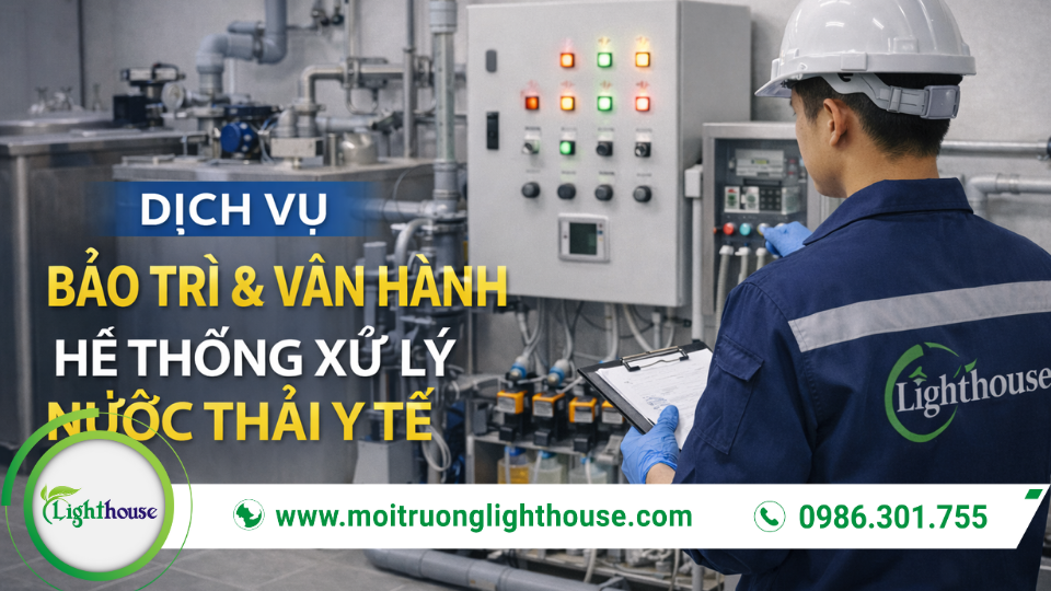 Kỹ sư bảo trì và vận hành hệ thống xử lý nước thải y tế, kiểm tra tủ điều khiển và thiết bị vận hành.