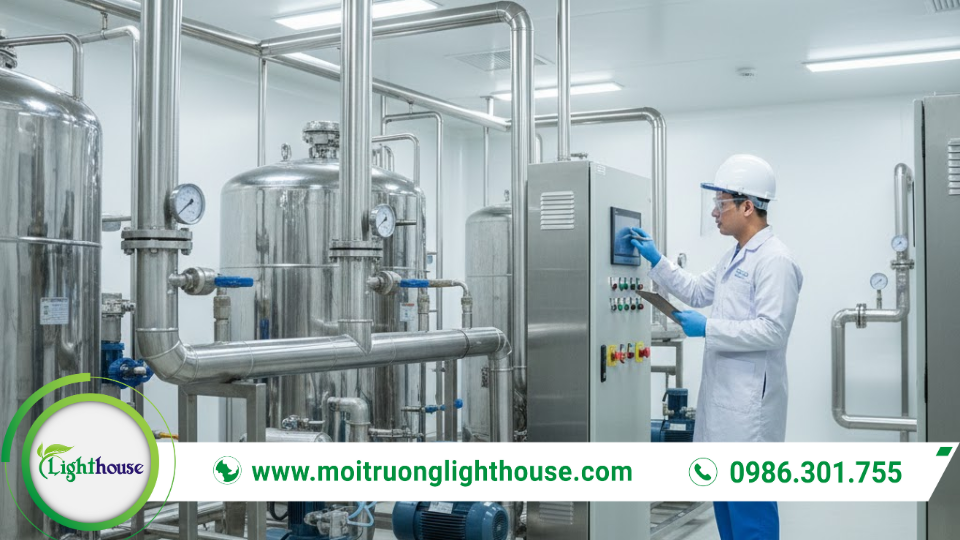 Hệ thống xử lý nước thải y tế với bể xử lý và đường ống kỹ thuật, đảm bảo nước thải đạt quy chuẩn trước khi xả thải.