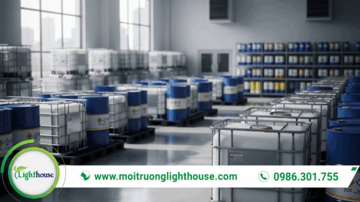 Kho lưu chứa chất thải nguy hại trong nhà với thùng phuy và bồn chứa sắp xếp theo khu vực.