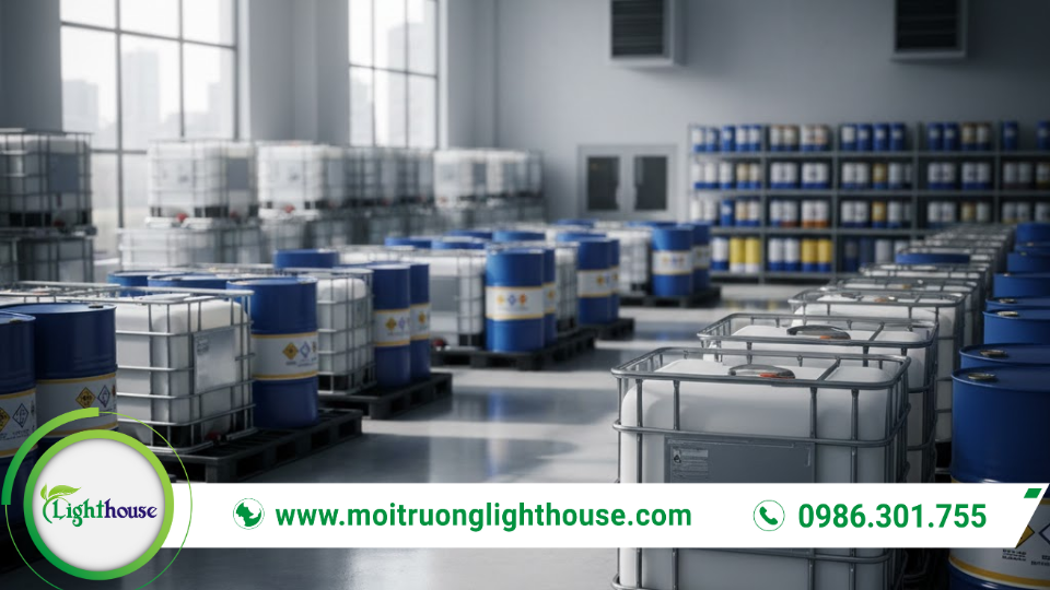 Kho lưu chứa chất thải nguy hại trong nhà với thùng phuy và bồn chứa sắp xếp theo khu vực.