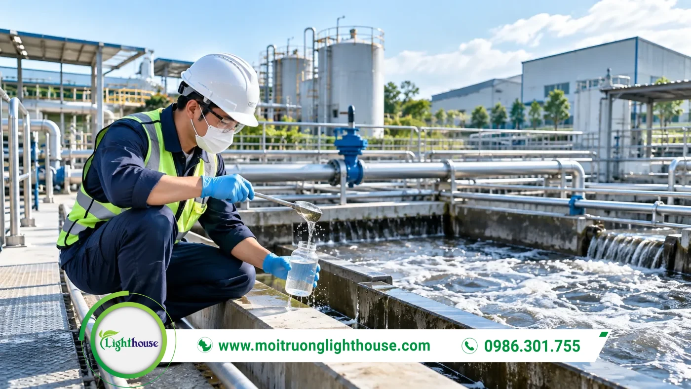 Kỹ thuật viên lấy mẫu nước thải để phân tích các chỉ tiêu đầu vào