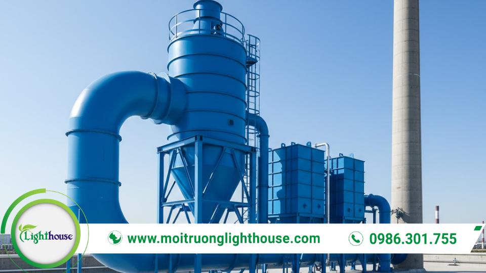 Hệ thống xử lý khí thải hiệu quả: Giới thiệu, loại hình & công nghệ tiên tiến 1 Hệ thống xử lý khí thải công nghiệp dạng scrubber với đường ống lớn giúp thu gom và xử lý khí thải trước khi xả ra môi trường.