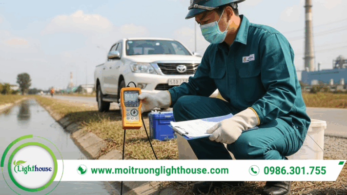 Đo quan trắc môi trường tại hiện trường với kỹ thuật viên lấy mẫu và đo nhanh các chỉ tiêu chất lượng nước bằng thiết bị chuyên dụng.