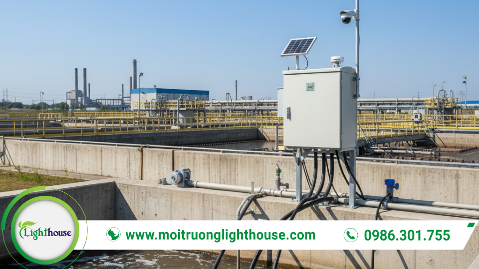 Hệ thống đo quan trắc môi trường tự động với tủ thiết bị và cảm biến giám sát liên tục, truyền dữ liệu phục vụ quản lý môi trường.