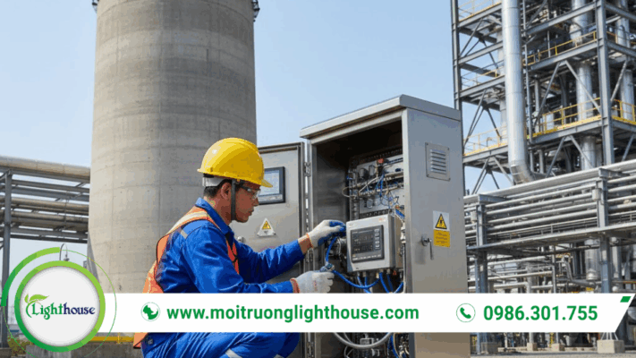 Hệ thống quan trắc khí thải tự động: kỹ thuật viên kiểm tra thiết bị quan trắc tại ống khói nhà máy.