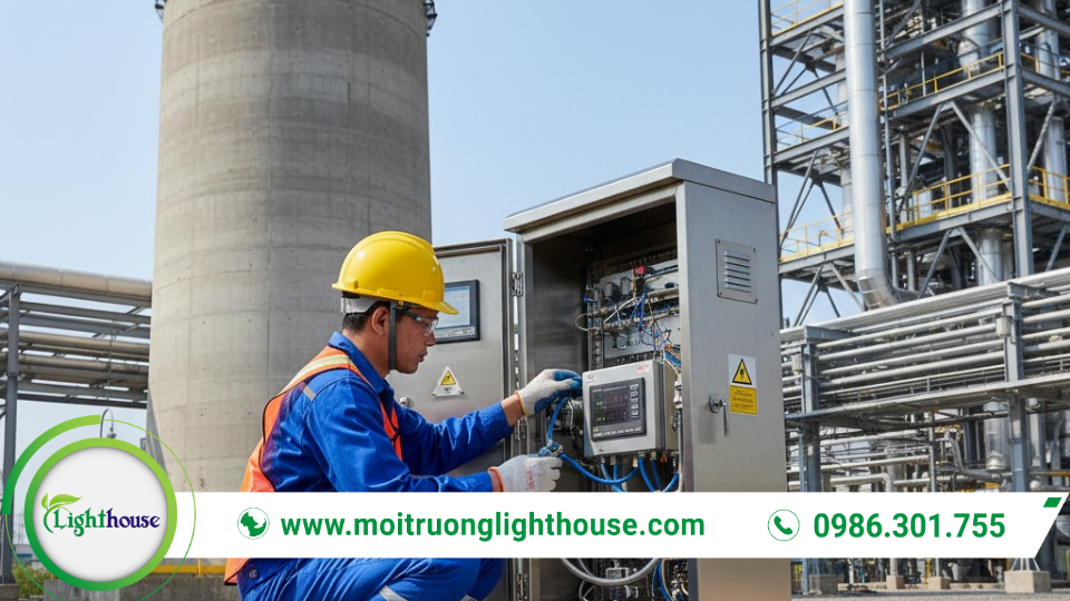 Hệ thống quan trắc khí thải tự động: Giải pháp tối ưu cho môi trường 1 Hệ thống quan trắc khí thải tự động: kỹ thuật viên kiểm tra thiết bị quan trắc tại ống khói nhà máy.