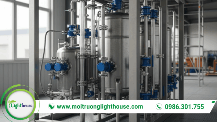 Cụm thiết bị inox trong module xử lý nước thải với bồn, đường ống và van vận hành.