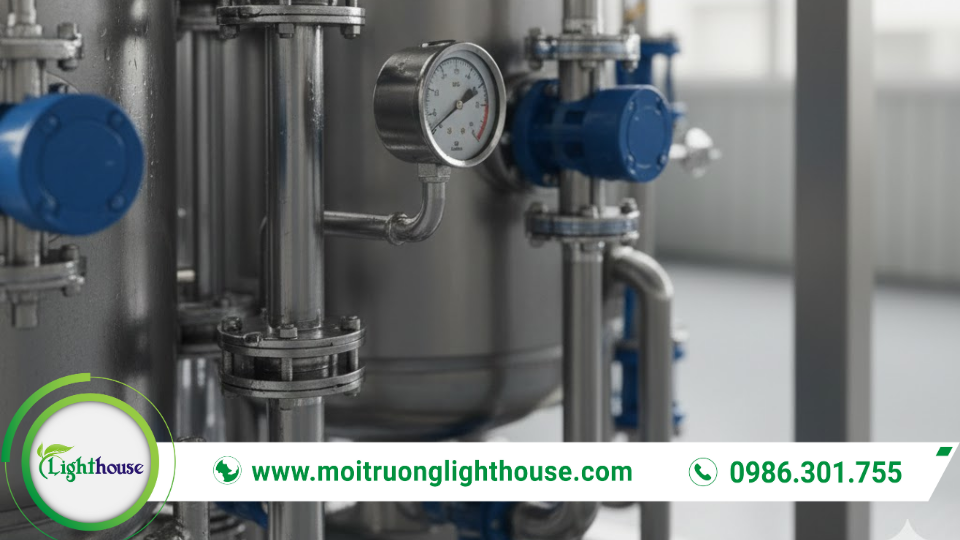Hệ thống đường ống, van và đồng hồ trong module xử lý nước thải phục vụ kiểm soát dòng chảy.