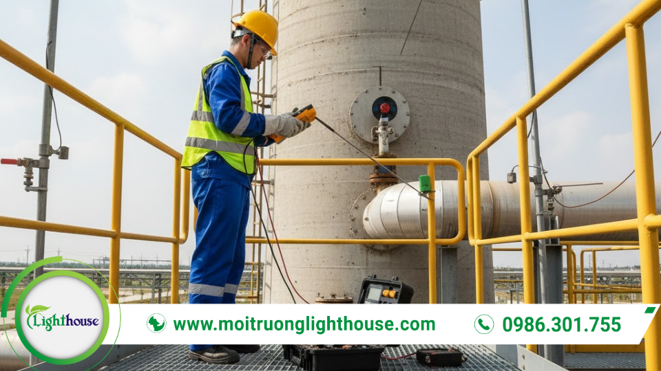 Kỹ thuật viên thực hiện quan trắc khí thải lò hơi tại điểm lấy mẫu trên ống khói bằng thiết bị đo và quy trình an toàn.