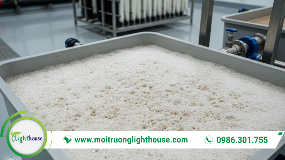 Bể xử lý trong module xử lý nước thải với bọt khí trên bề mặt trong quá trình xử lý.