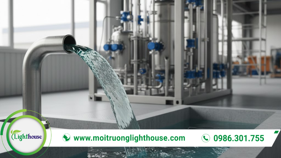 Bồn và đường ống tích hợp trong module xử lý nước thải tại khu vực công nghệ của hệ thống.