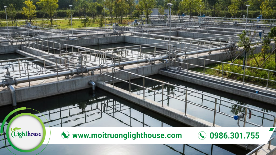 Bể hiếu khí sục khí trong hệ thống xử lý nước thải sinh học, hỗ trợ vi sinh vật phân hủy chất hữu cơ.