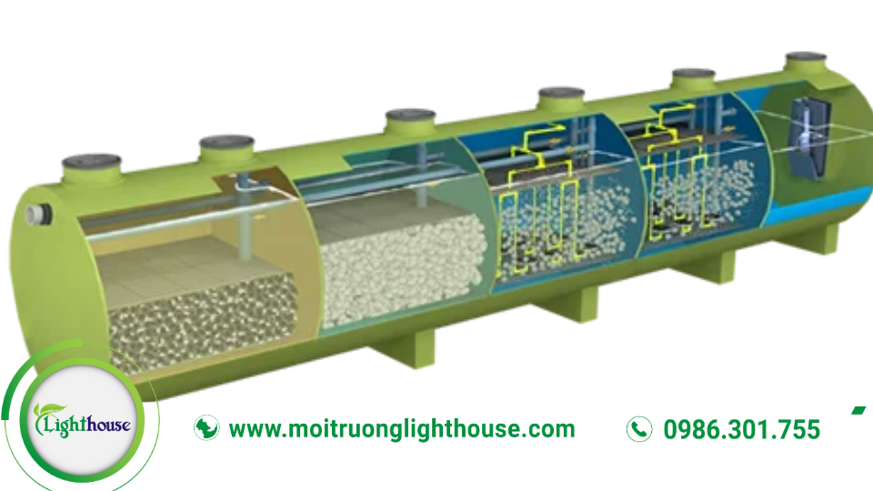 Sơ đồ công nghệ bể xử lý nước thải minh họa các ngăn xử lý và dòng chảy trong hệ thống.