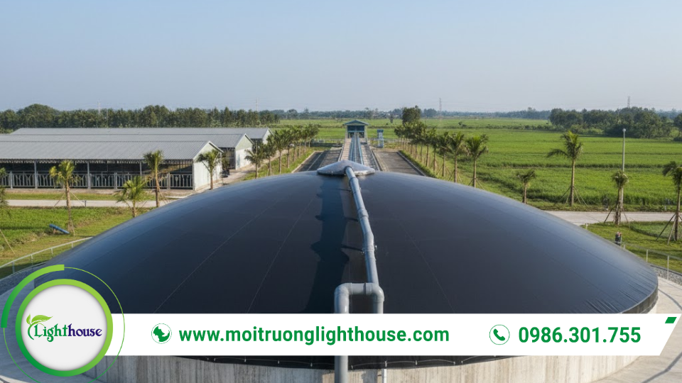Bể biogas trong hệ thống xử lý nước thải chăn nuôi giúp phân hủy chất hữu cơ và tạo năng lượng tái tạo.