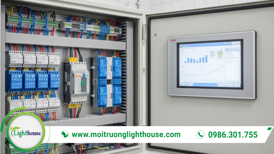 PLC và HMI trong tủ điện xử lý nước thải giúp tự động hóa và hiển thị cảnh báo