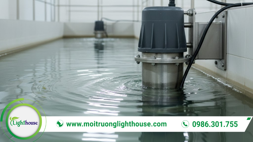 Máy khuấy trong bể điều hòa giúp pha trộn nước thải, hạn chế lắng cặn và phân lớp