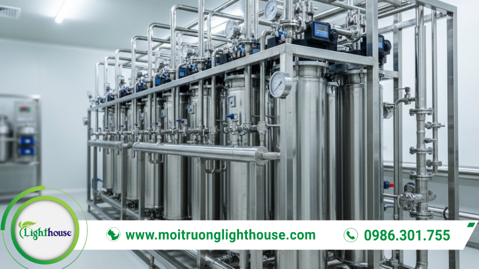 Cụm thiết bị lọc màng UF/RO trong phòng kỹ thuật, giúp loại bỏ cặn mịn và nâng chất lượng nước sau xử lý.