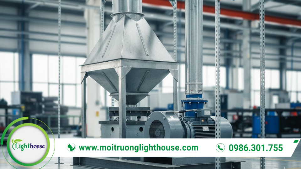 Chụp hút và hệ thống ống dẫn thu gom khí thải đưa về thiết bị xử lý trung tâm.