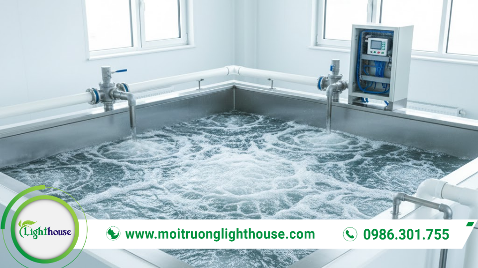 Bể hiếu khí trong xử lý nước thải với hệ thống sục khí giúp phân hủy chất hữu cơ hiệu quả