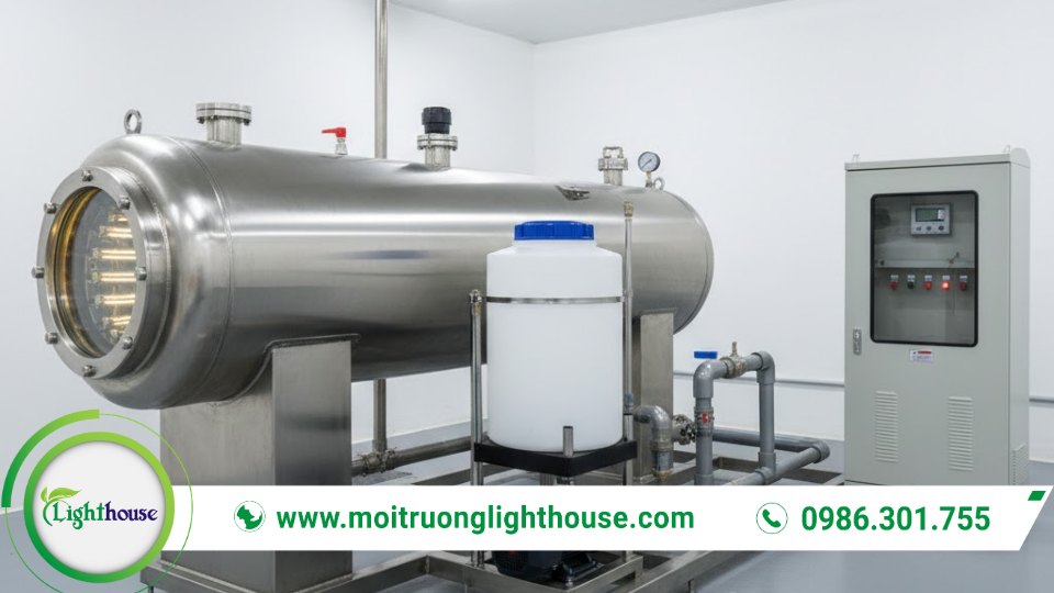 Thiết bị khử trùng bằng tia UV trong hệ thống xử lý nước thải y tế, giúp tiêu diệt vi khuẩn và virus.