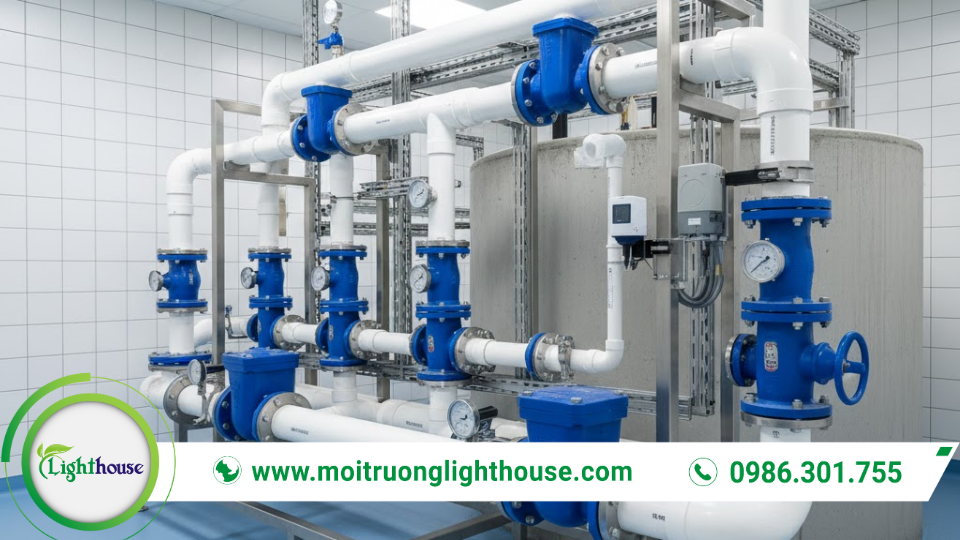 Hệ thống đường ống và van điều tiết giúp kiểm soát lưu lượng nước vào ra bể điều hòa
