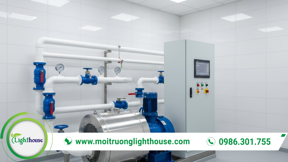 Thiết bị vận hành bể hiếu khí gồm máy thổi khí, đường ống và tủ điều khiển trong hệ thống xử lý nước thải