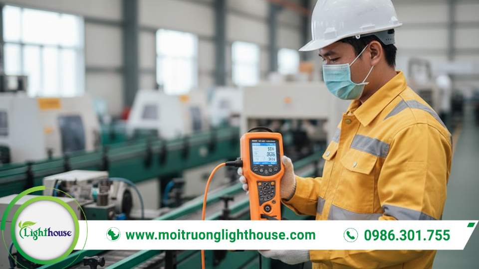 Quy Định & Tiêu Chuẩn Đo Kiểm Môi Trường Lao Động 1 Kỹ thuật viên thực hiện đo kiểm môi trường tại nhà xưởng nhằm đánh giá điều kiện lao động và mức phơi nhiễm.