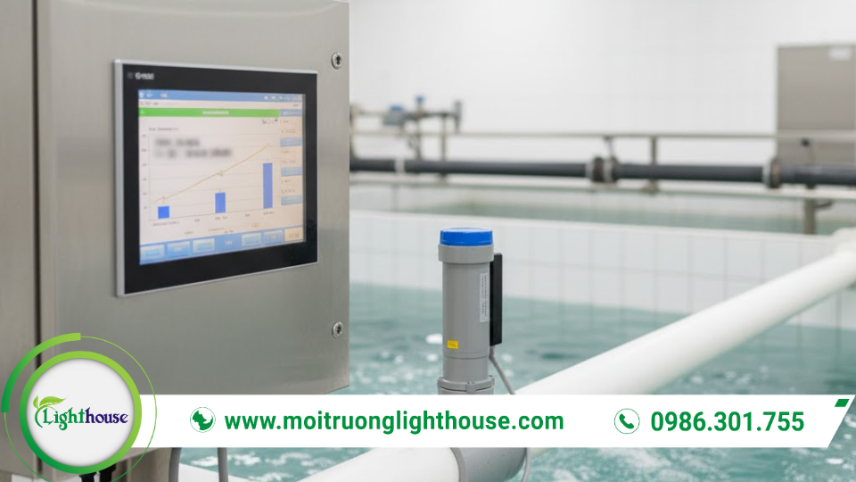 Giám sát DO và pH trong bể hiếu khí bằng cảm biến và màn hình điều khiển để tối ưu xử lý nước thải