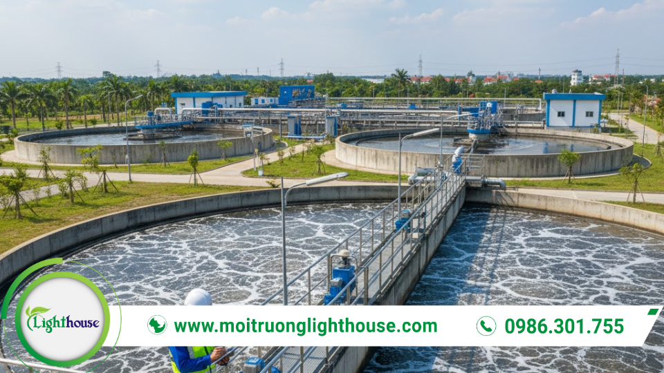 Trạm Xử Lý Nước Thải Sinh Hoạt, Công Nghiệp & Nông Nghiệp 1 Trạm xử lý nước thải với hệ thống bể lắng và bể sinh học đang vận hành ngoài trời