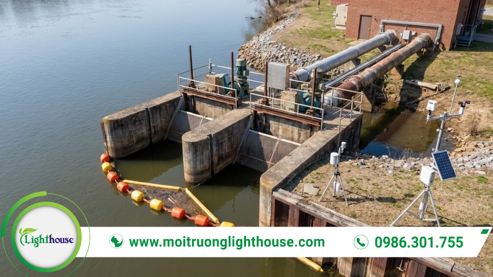 Hệ Thống Xử Lý Nước Cấp: Ứng Dụng & Tác Động Môi Trường 2 Toàn cảnh nhà máy trong hệ thống xử lý nước cấp với các bể lắng, bể lọc và đường ống dẫn nước.