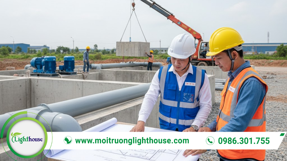 Dự án xử lý nước thải trong giai đoạn thi công với kỹ sư giám sát, kiểm tra hạng mục bể xử lý và đường ống tại công trường.