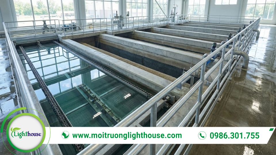 Hệ Thống Xử Lý Nước Cấp: Ứng Dụng & Tác Động Môi Trường 3 Toàn cảnh nhà máy trong hệ thống xử lý nước cấp với các bể lắng, bể lọc và đường ống dẫn nước.