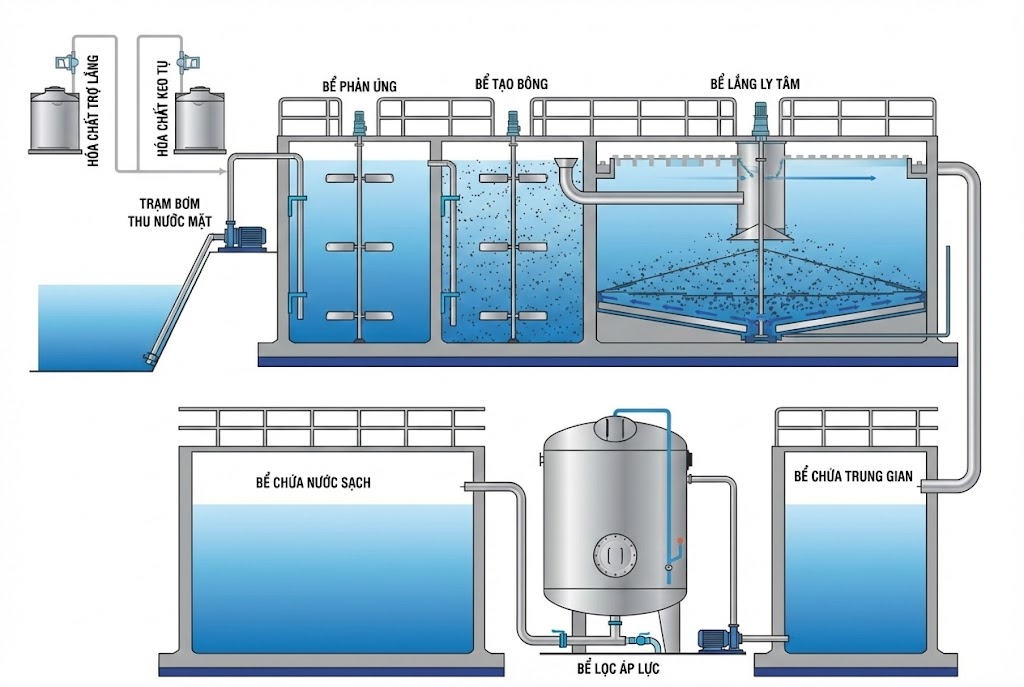 Hệ Thống Xử Lý Nước Cấp: Ứng Dụng & Tác Động Môi Trường 1 Sơ đồ quy trình của hệ thống xử lý nước cấp từ nước thô đến nước sạch đạt chuẩn.