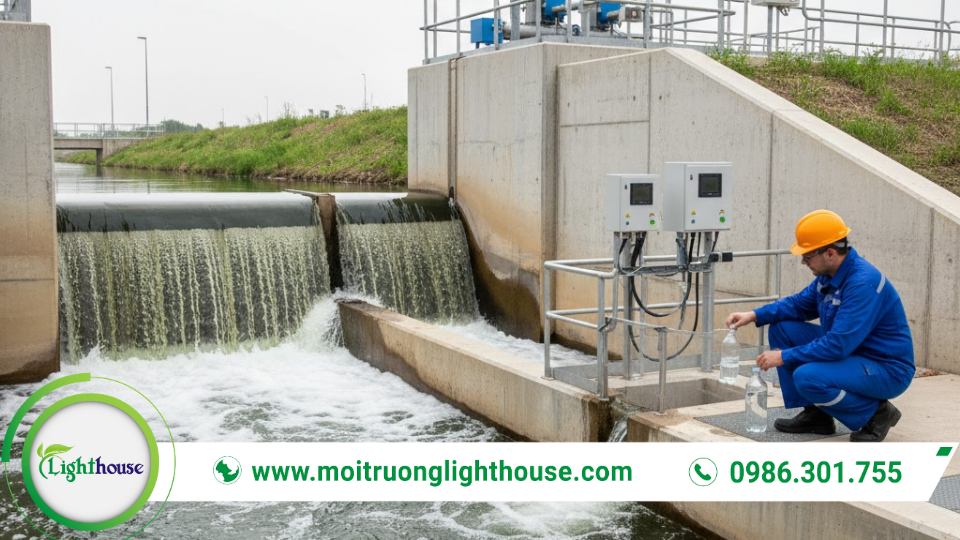 Khu Xử Lý Nước Thải: Giải Pháp Bảo Vệ Môi Trường Hiệu Quả 5 Kỹ thuật viên lấy mẫu kiểm tra chất lượng nước sau xử lý tại khu xử lý nước thải trước khi xả thải hoặc tái sử dụng.