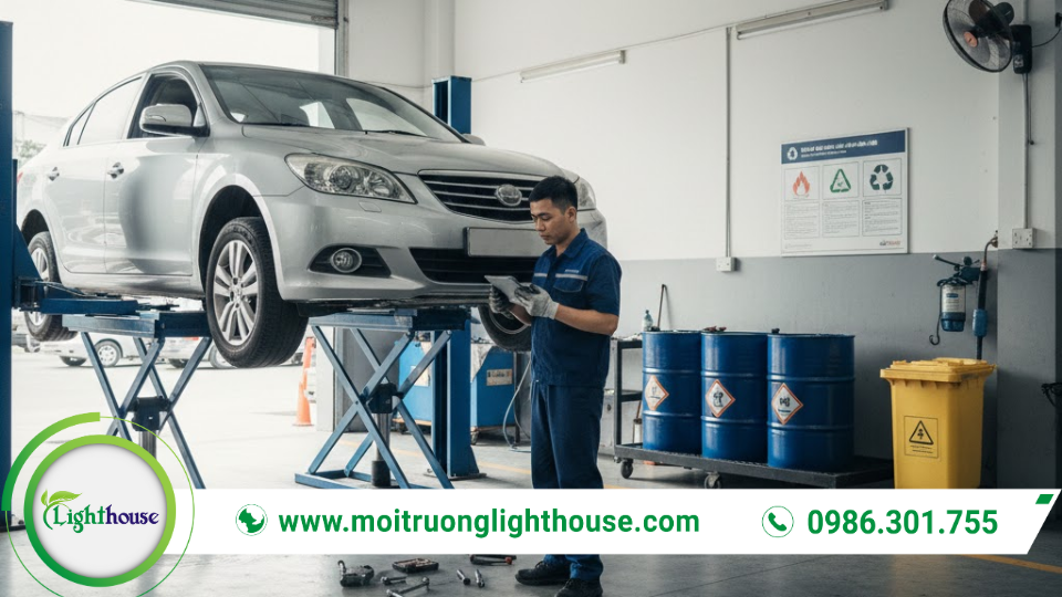 Đăng ký môi trường cho garage ô tô: xưởng sửa chữa ô tô hiện đại, kỹ thuật viên kiểm tra xe trên cầu nâng, tuân thủ quy định môi trường.