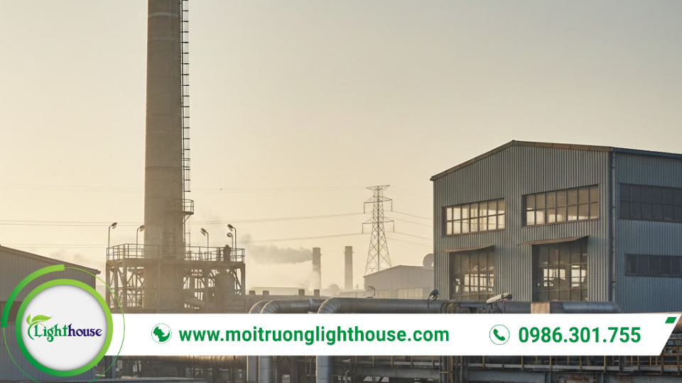 Nhà máy công nghiệp tại Việt Nam với ống khói phát khí thải – bối cảnh áp lực tuân thủ Nghị định 153/2024/NĐ-CP về phí bảo vệ môi trường đối với khí thải