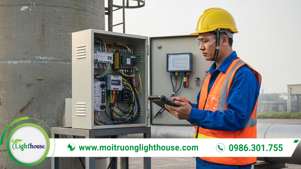 Kỹ thuật viên kiểm tra hệ thống quan trắc khí thải liên tục CEMS tại nhà máy để đảm bảo dữ liệu chính xác theo Nghị định 153/2024/NĐ-CP