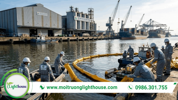 Hình ảnh đội kỹ thuật triển khai phao quây trong quá trình ứng phó môi trường sự cố tràn dầu tại cảng công nghiệp.