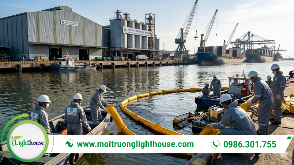 Giải pháp ứng phó môi trường sự cố tràn dầu bảo vệ doanh nghiệp toàn diện 1 Hình ảnh đội kỹ thuật triển khai phao quây trong quá trình ứng phó môi trường sự cố tràn dầu tại cảng công nghiệp.