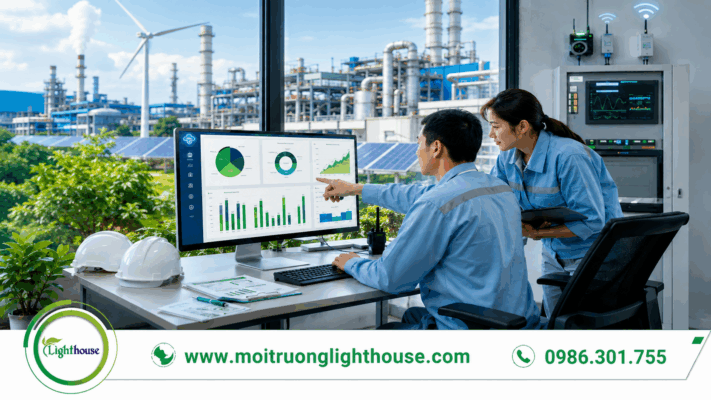 Chuyên gia môi trường phân tích dữ liệu tín chỉ carbon và phát thải khí nhà kính tại nhà máy sản xuất