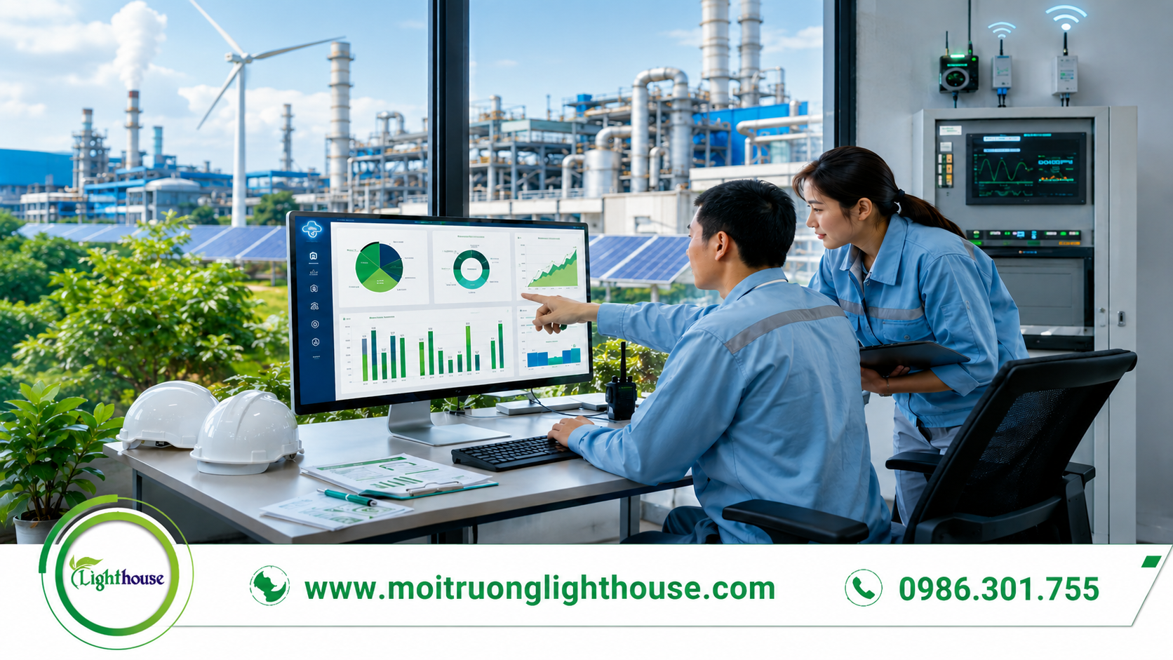 Chuyên gia môi trường phân tích dữ liệu tín chỉ carbon và phát thải khí nhà kính tại nhà máy sản xuất