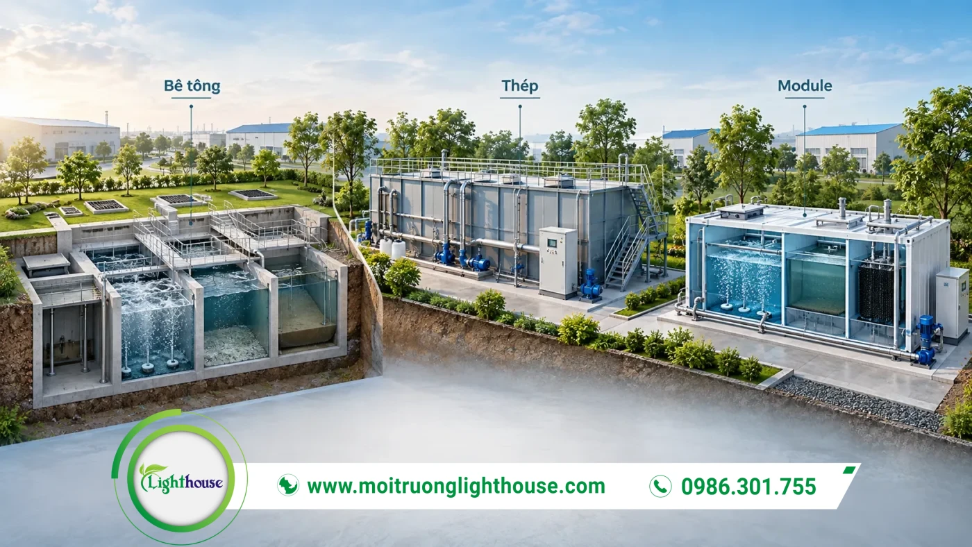 So sánh trạm xử lý nước thải bê tông cốt thép, thép lắp ghép và module composite