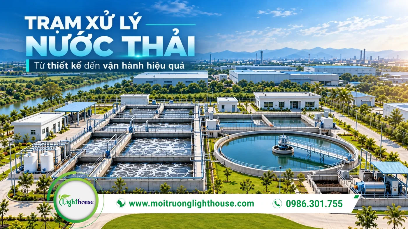 Toàn cảnh trạm xử lý nước thải với cụm bể xử lý, bể lắng và khu vận hành