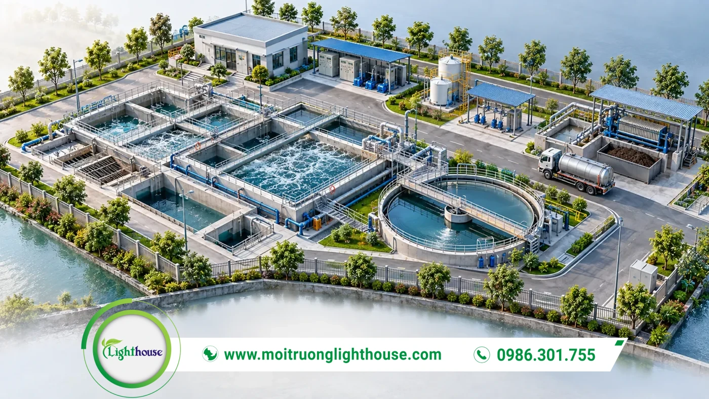 Bố trí mặt bằng trạm xử lý nước thải gồm cụm bể, nhà điều hành và khu phụ trợ