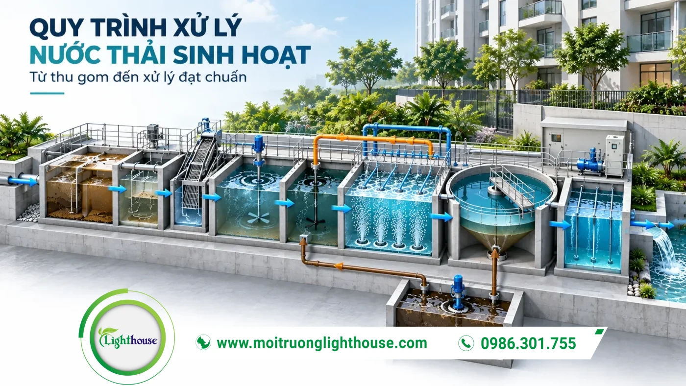 Sơ đồ quy trình xử lý nước thải sinh hoạt từ bể tự hoại đến khử trùng