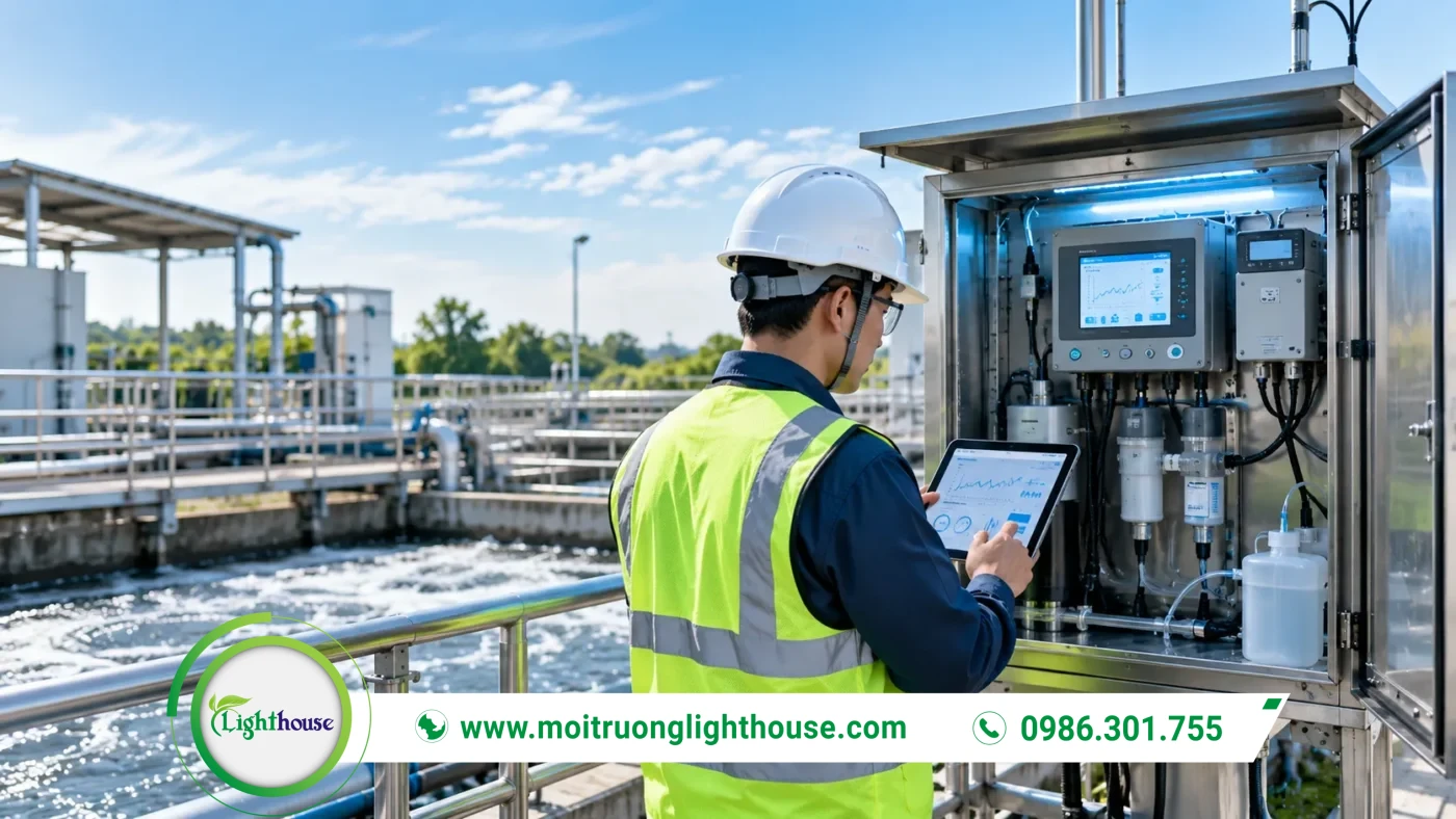 Nghị quyết 61/2026/NQ-HĐND TP.HCM: đối tượng và ngưỡng lưu lượng phải quan trắc tự động, liên tục 4 Kỹ sư kiểm tra trạm quan trắc nước thải tự động, liên tục tại nhà máy