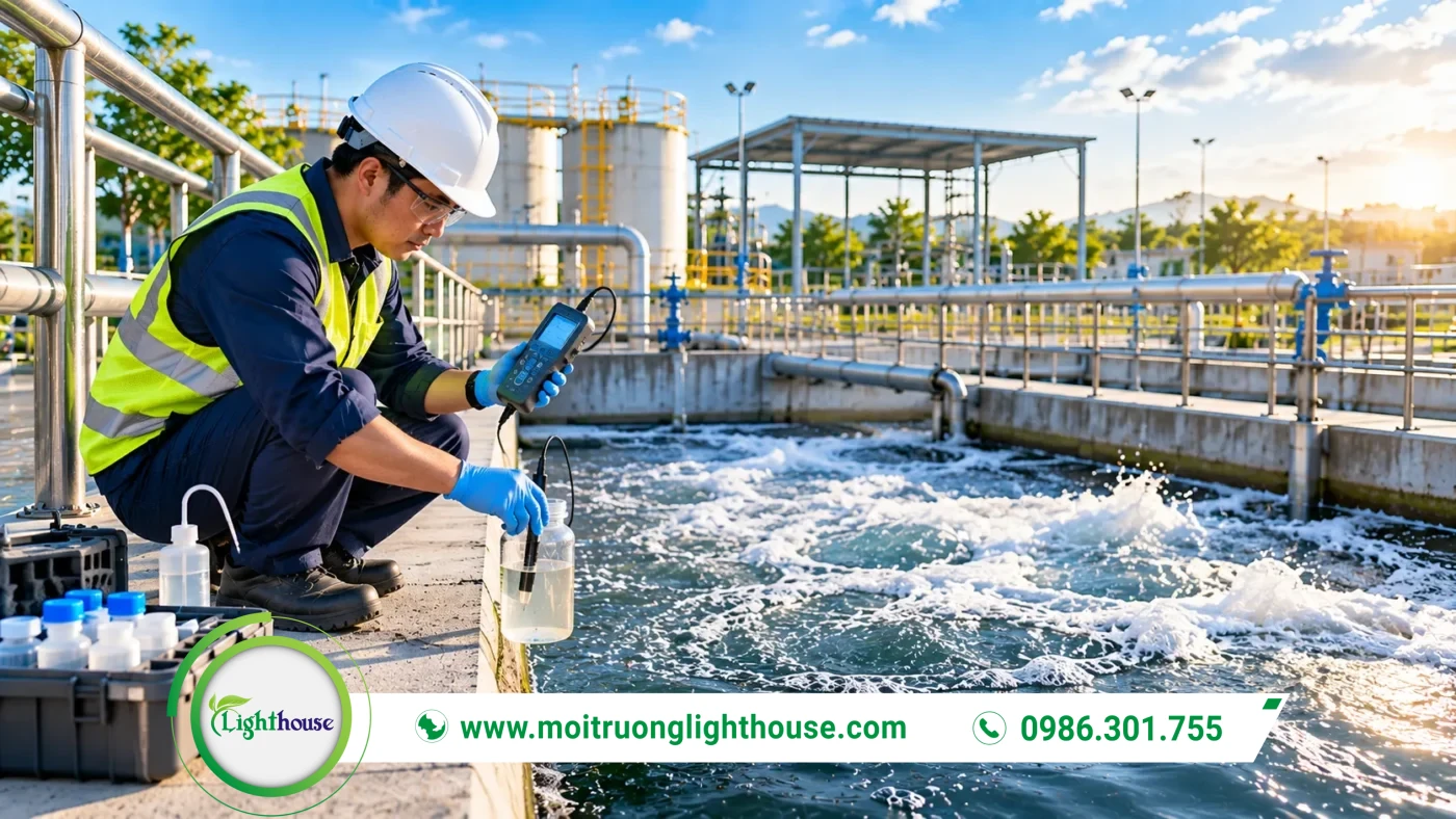 Kỹ thuật viên lấy mẫu khảo sát hệ thống nước thải