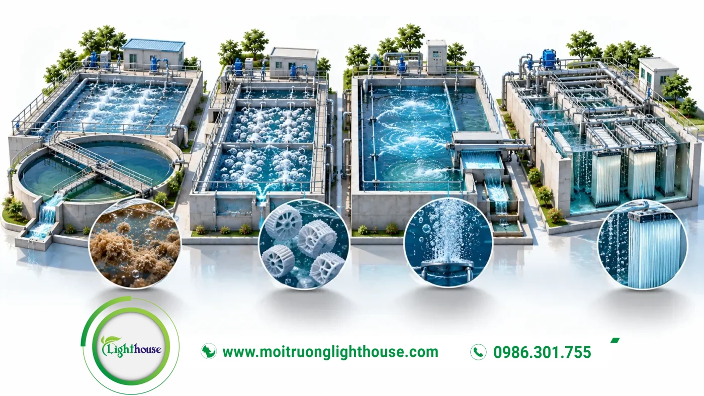 So sánh công nghệ XLNT Aerotank, MBBR, SBR và MBR